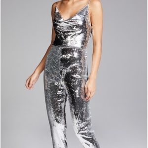 Black Halo Silver Sequined Jumpsuit, Size 6